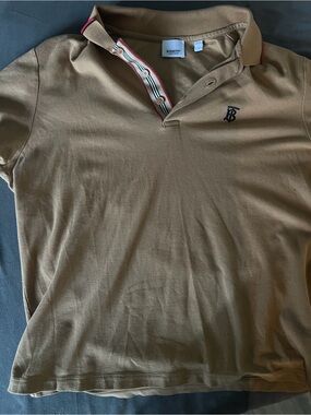 Burberry Tan Cotton Polo with Signature Stripe Trim